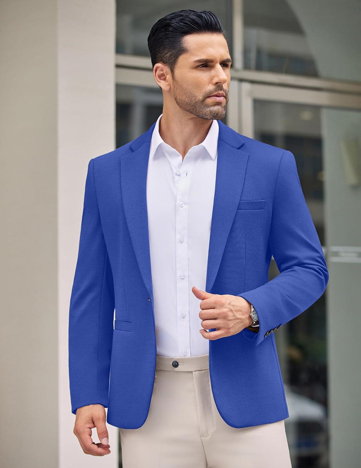 imageCOOFANDY Mens Casual Blazer Jacket One Button Suit Jackets Lightweight Knit Sport CoatRoyal Blue