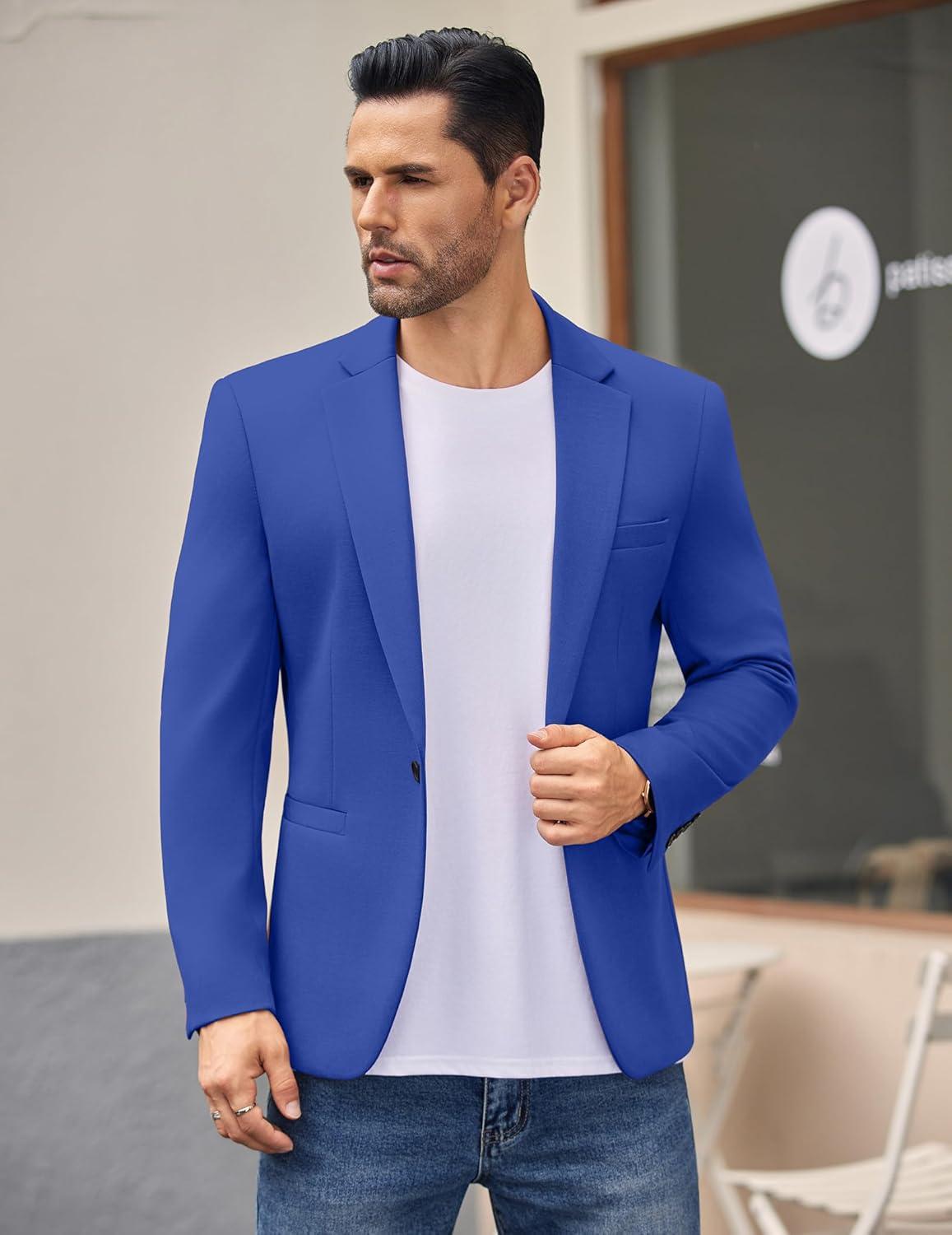 imageCOOFANDY Mens Casual Blazer Jacket One Button Suit Jackets Lightweight Knit Sport CoatRoyal Blue