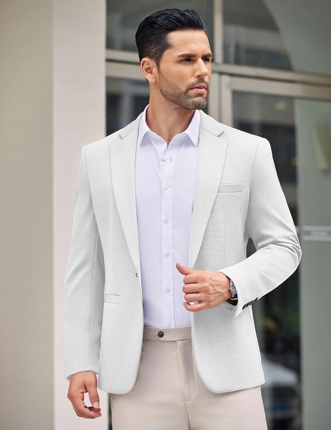 imageCOOFANDY Mens Casual Blazer Jacket One Button Suit Jackets Lightweight Knit Sport CoatWhite
