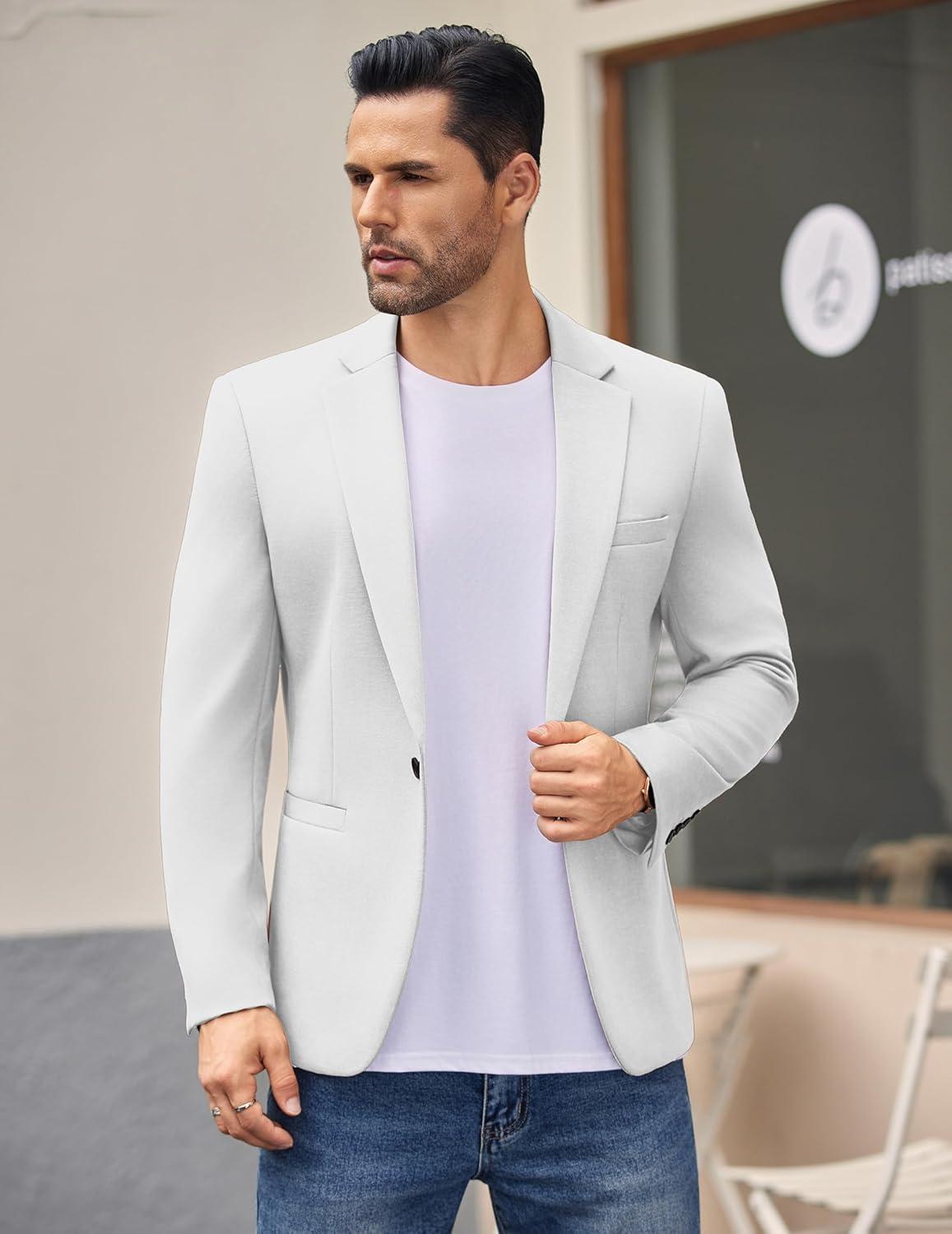 imageCOOFANDY Mens Casual Blazer Jacket One Button Suit Jackets Lightweight Knit Sport CoatWhite