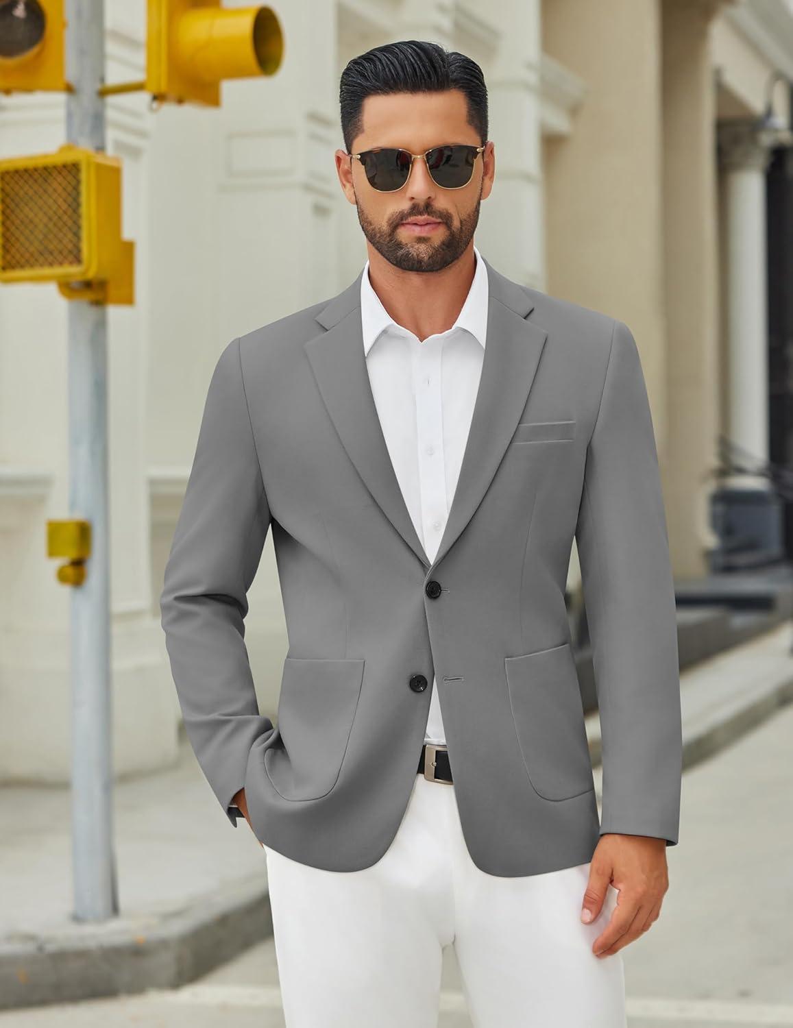 imageCOOFANDY Mens Casual Blazer Jacket Two Button Suit Jackets Lightweight Knit Sport CoatGrey