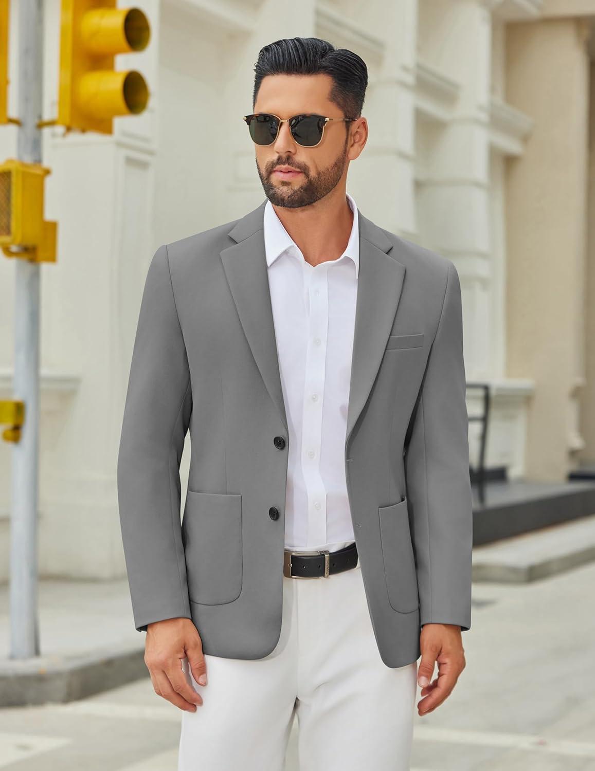 imageCOOFANDY Mens Casual Blazer Jacket Two Button Suit Jackets Lightweight Knit Sport CoatGrey