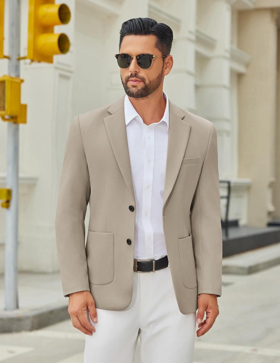 imageCOOFANDY Mens Casual Blazer Jacket Two Button Suit Jackets Lightweight Knit Sport CoatKhaki