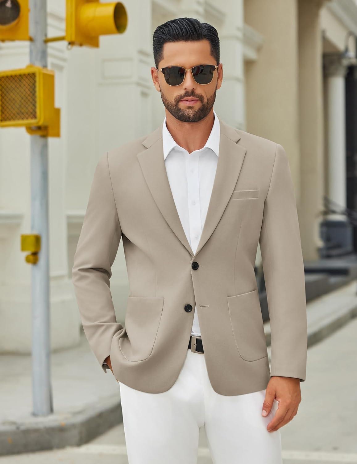 imageCOOFANDY Mens Casual Blazer Jacket Two Button Suit Jackets Lightweight Knit Sport CoatKhaki