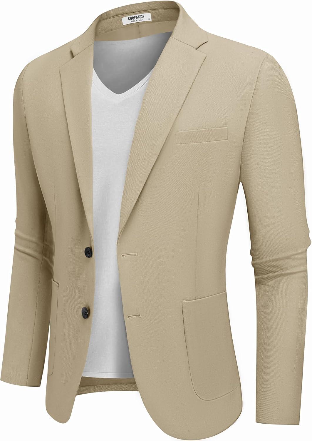 imageCOOFANDY Mens Casual Blazer Jacket Two Button Suit Jackets Lightweight Knit Sport CoatLight Khaki