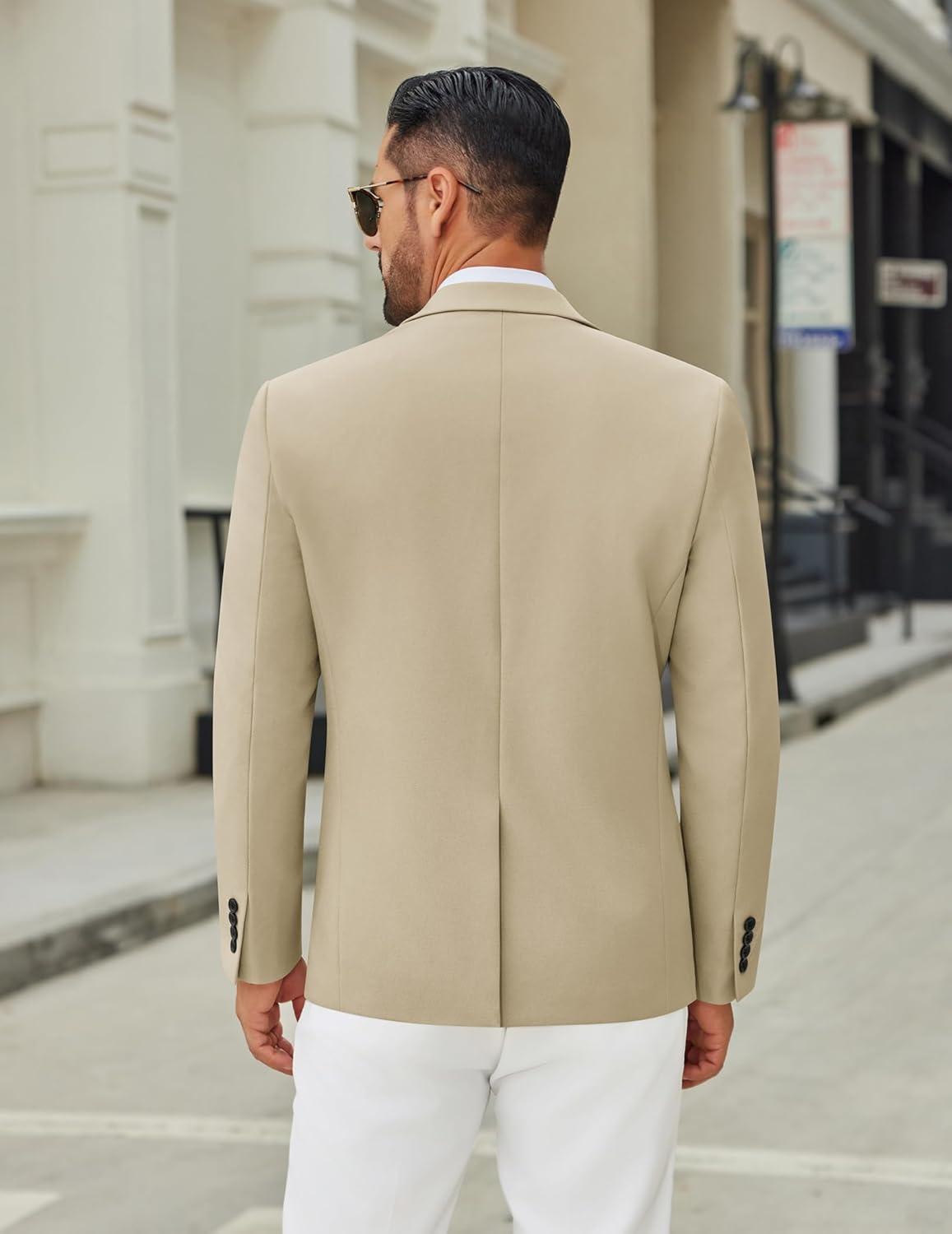 imageCOOFANDY Mens Casual Blazer Jacket Two Button Suit Jackets Lightweight Knit Sport CoatLight Khaki