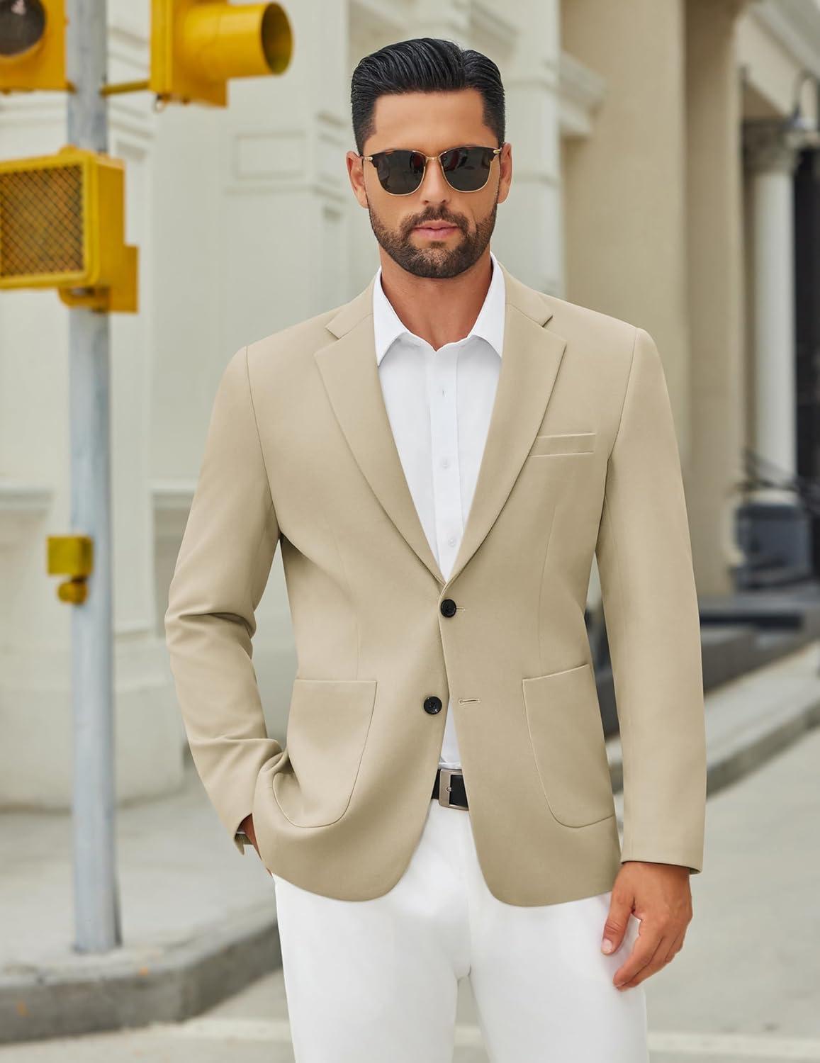 imageCOOFANDY Mens Casual Blazer Jacket Two Button Suit Jackets Lightweight Knit Sport CoatLight Khaki