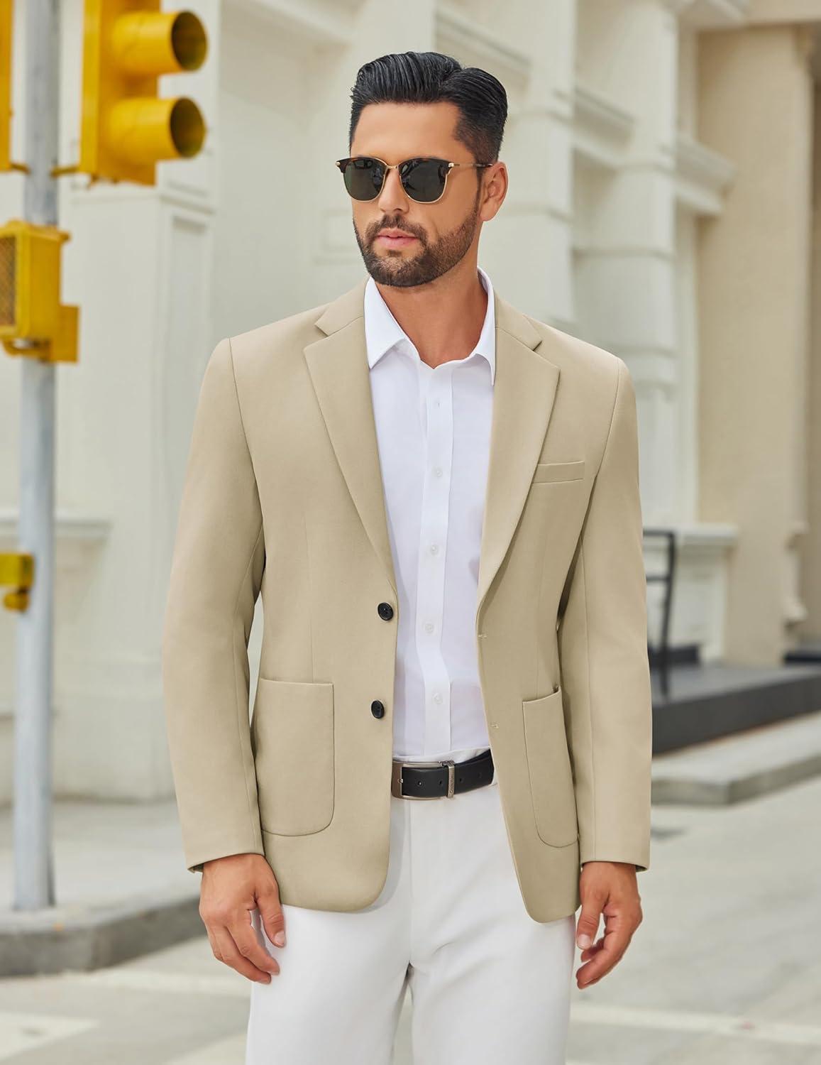 imageCOOFANDY Mens Casual Blazer Jacket Two Button Suit Jackets Lightweight Knit Sport CoatLight Khaki