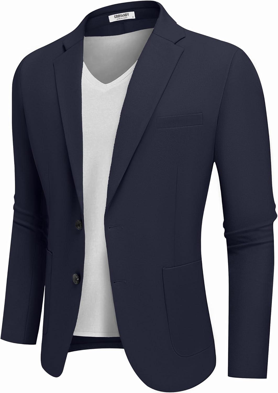 imageCOOFANDY Mens Casual Blazer Jacket Two Button Suit Jackets Lightweight Knit Sport CoatNavy Blue