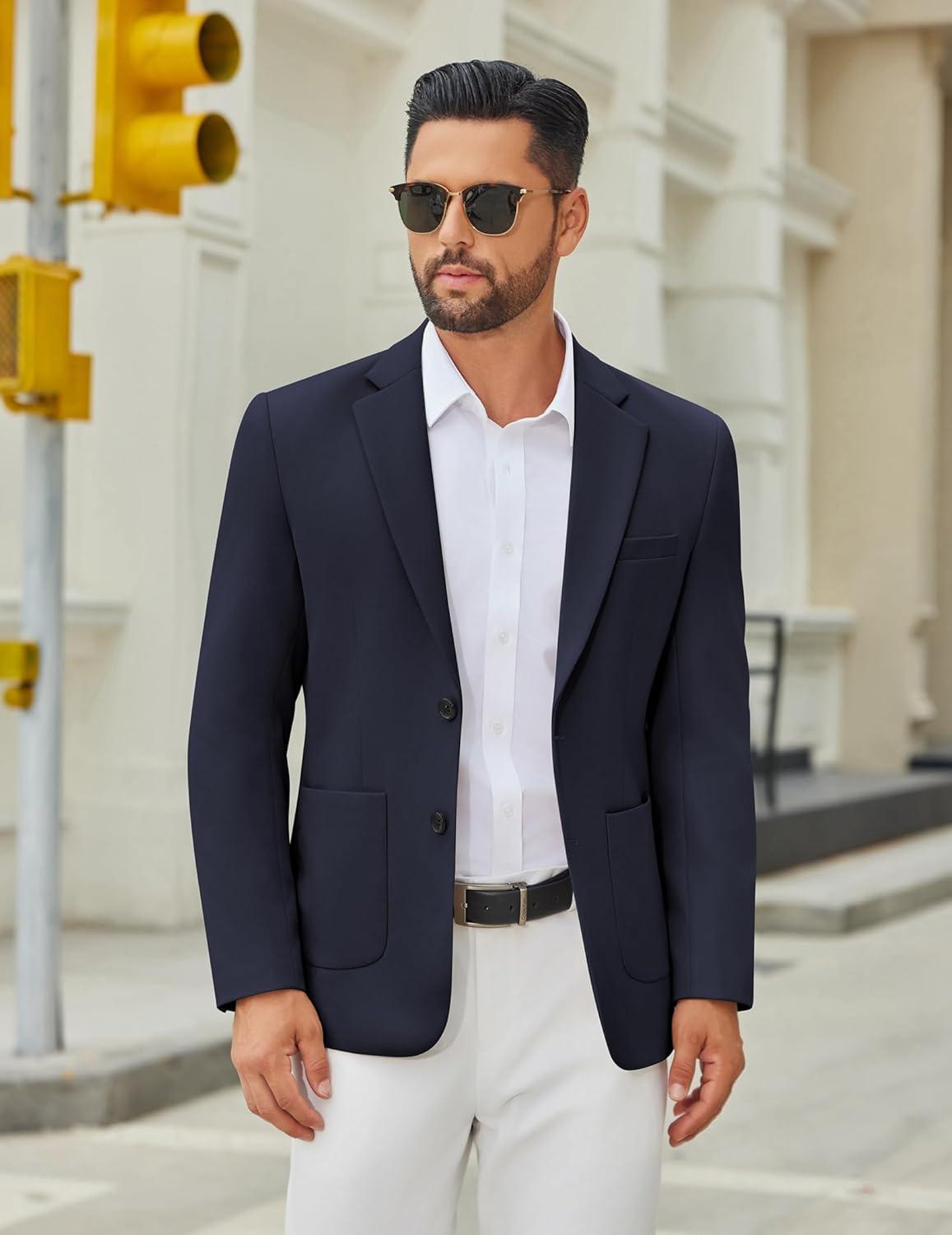 imageCOOFANDY Mens Casual Blazer Jacket Two Button Suit Jackets Lightweight Knit Sport CoatNavy Blue