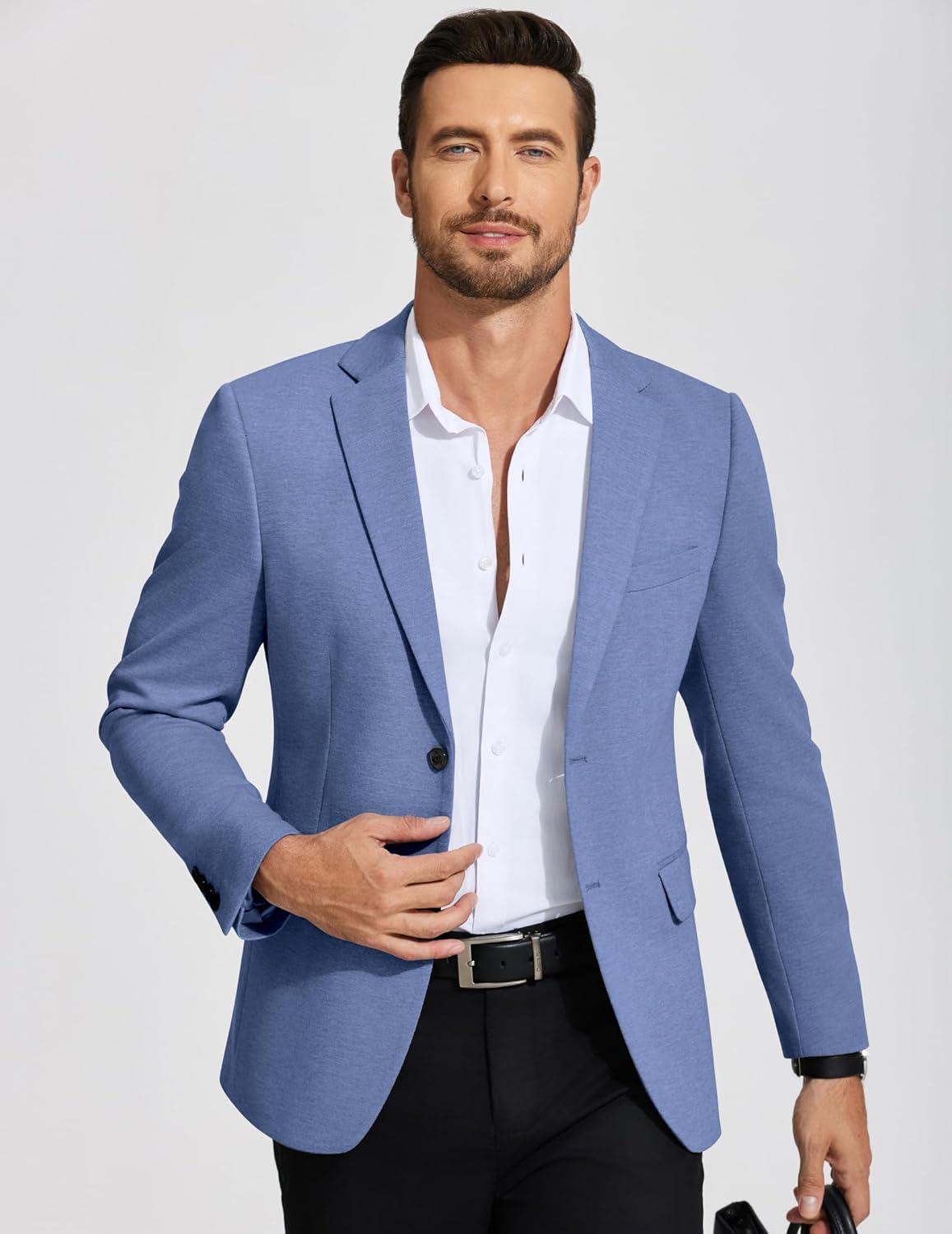 imageCOOFANDY Mens Casual Blazer Knit Sport Coat Lightweight Two Button Suit JacketBlue