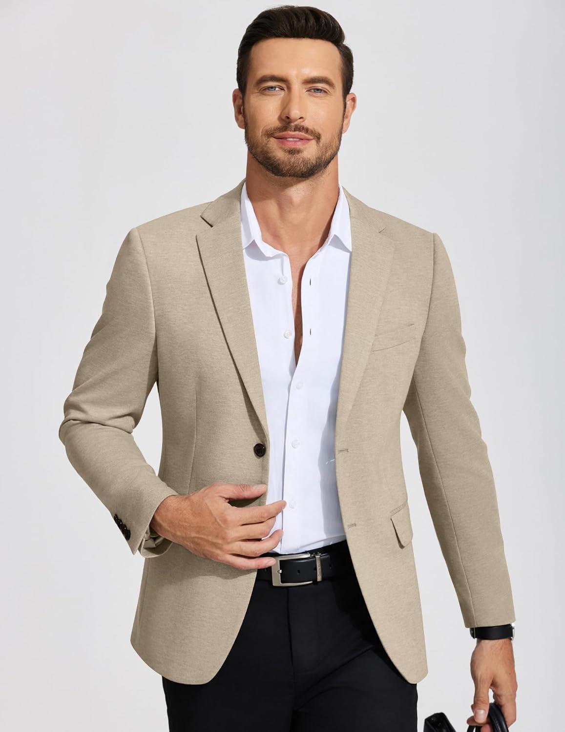 imageCOOFANDY Mens Casual Blazer Knit Sport Coat Lightweight Two Button Suit JacketKhaki
