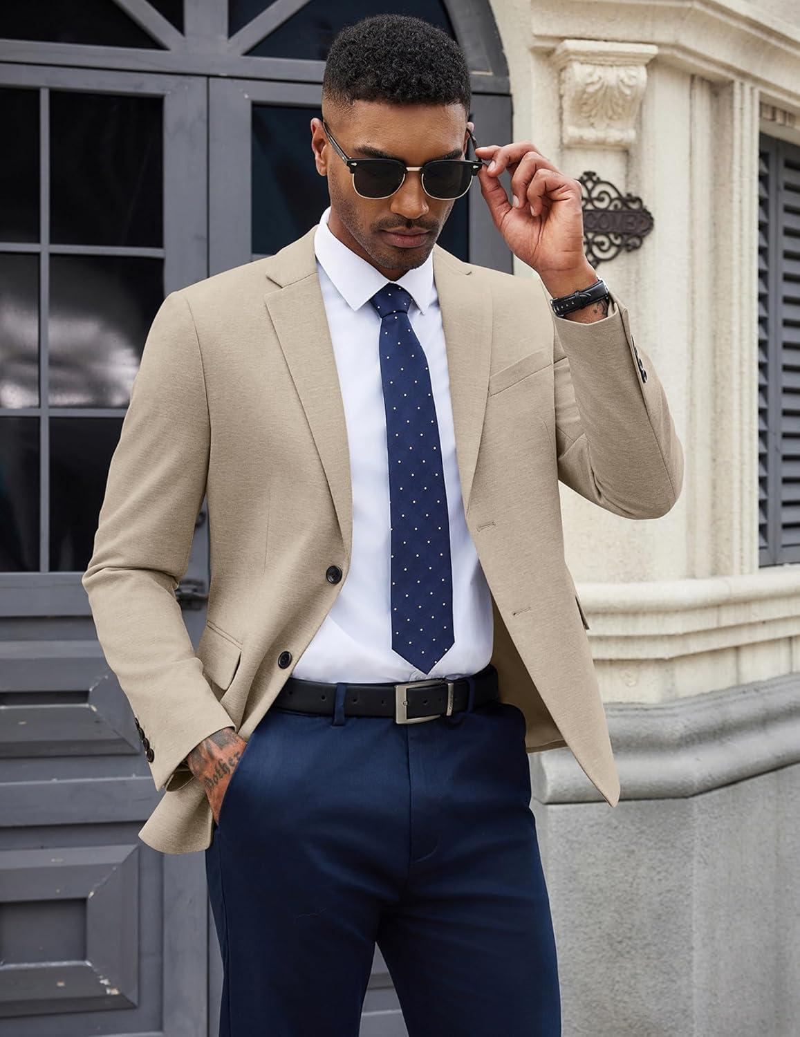 imageCOOFANDY Mens Casual Blazer Knit Sport Coat Lightweight Two Button Suit JacketKhaki