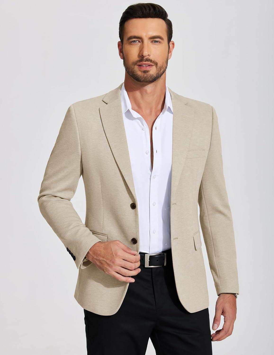 imageCOOFANDY Mens Casual Blazer Knit Sport Coat Lightweight Two Button Suit JacketLight Khaki