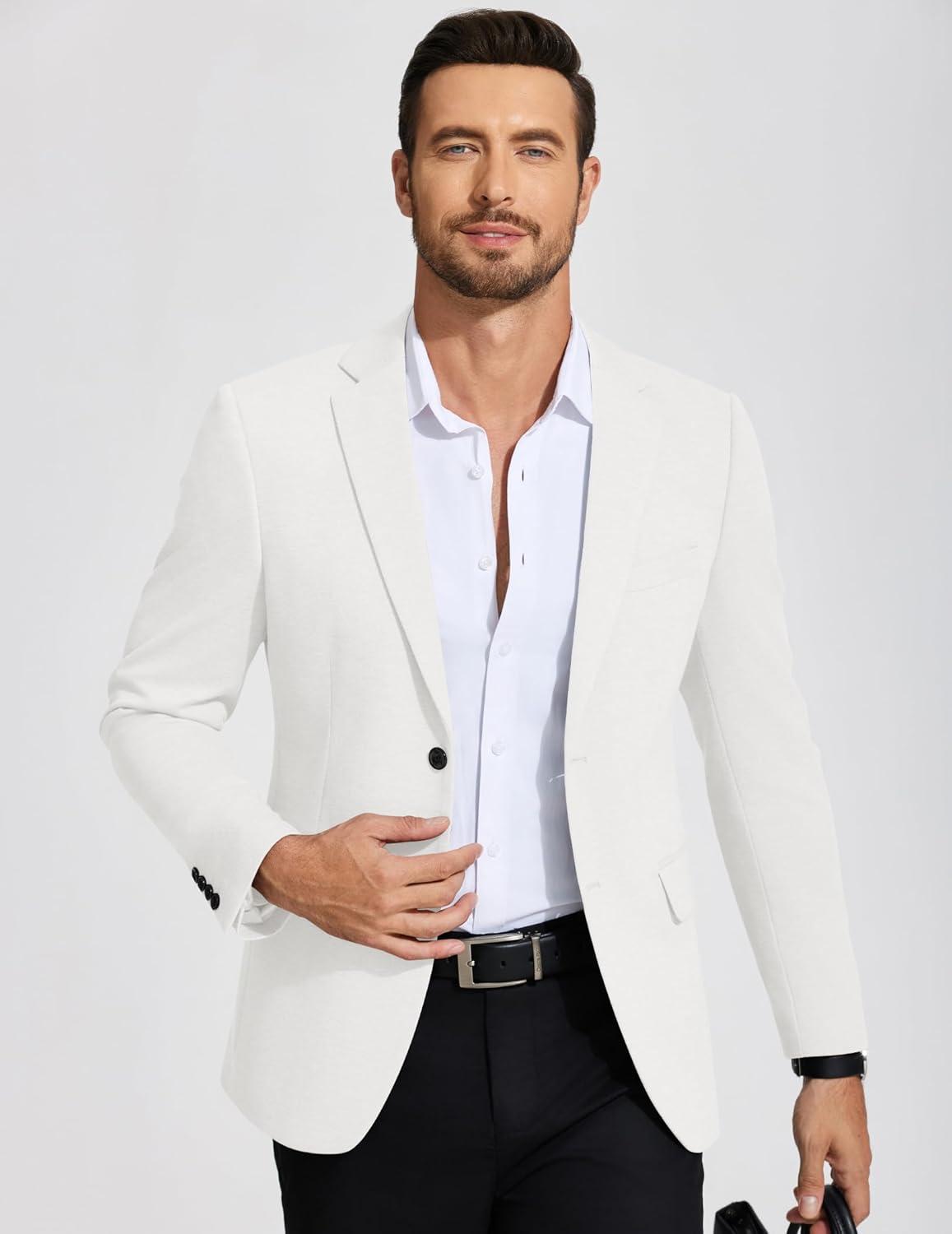 imageCOOFANDY Mens Casual Blazer Knit Sport Coat Lightweight Two Button Suit JacketWhite