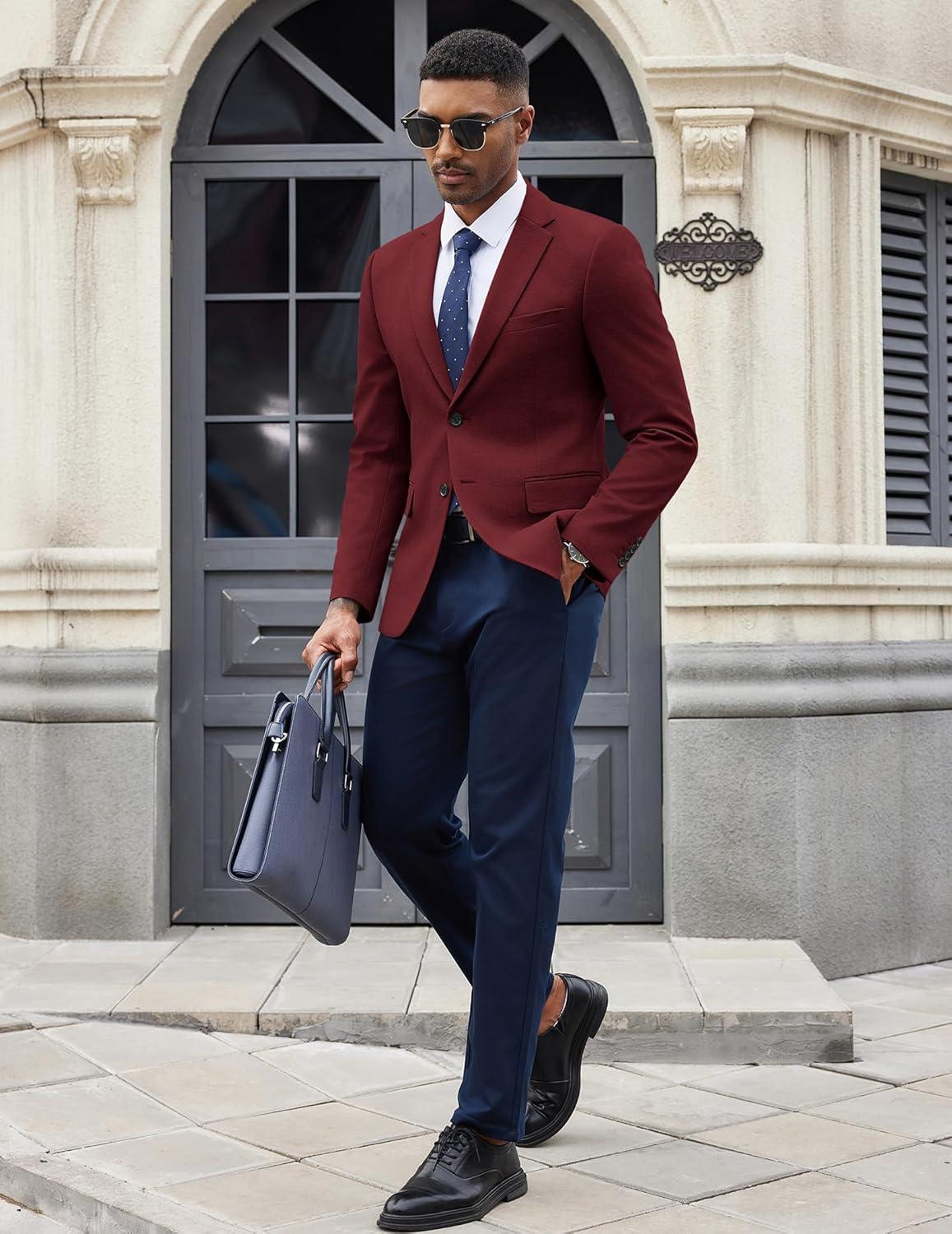 imageCOOFANDY Mens Casual Blazer Knit Sport Coat Lightweight Two Button Suit JacketWine Red