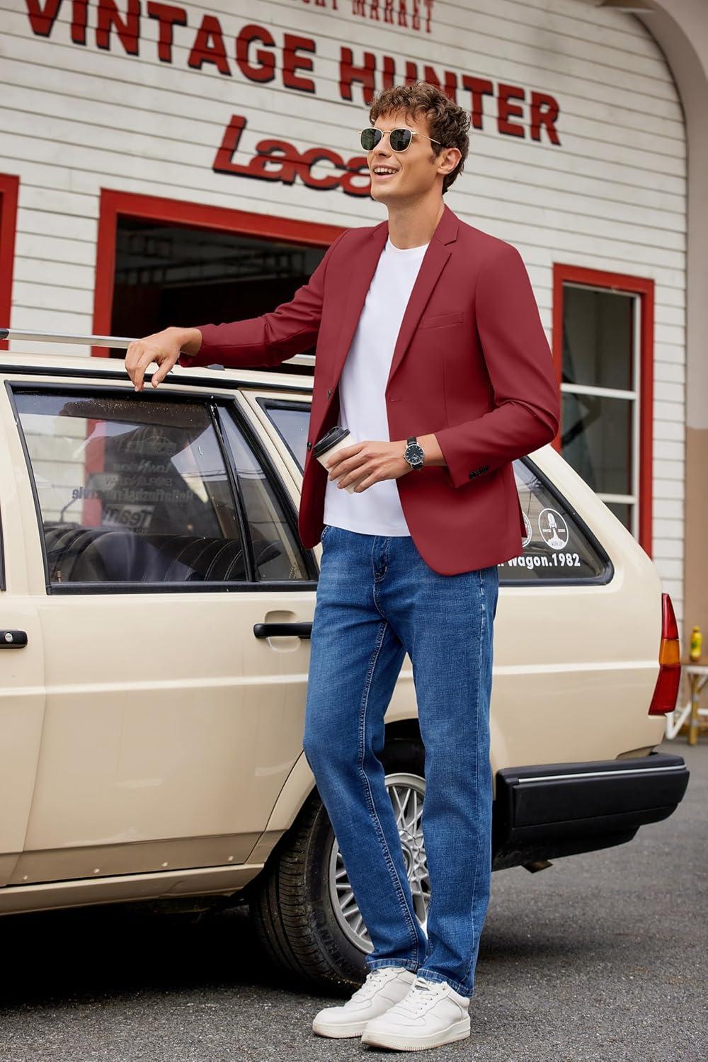imageCOOFANDY Mens Casual Blazer Lightweight Suit Jacket Slim Fit Sport Coats for MenDark Red
