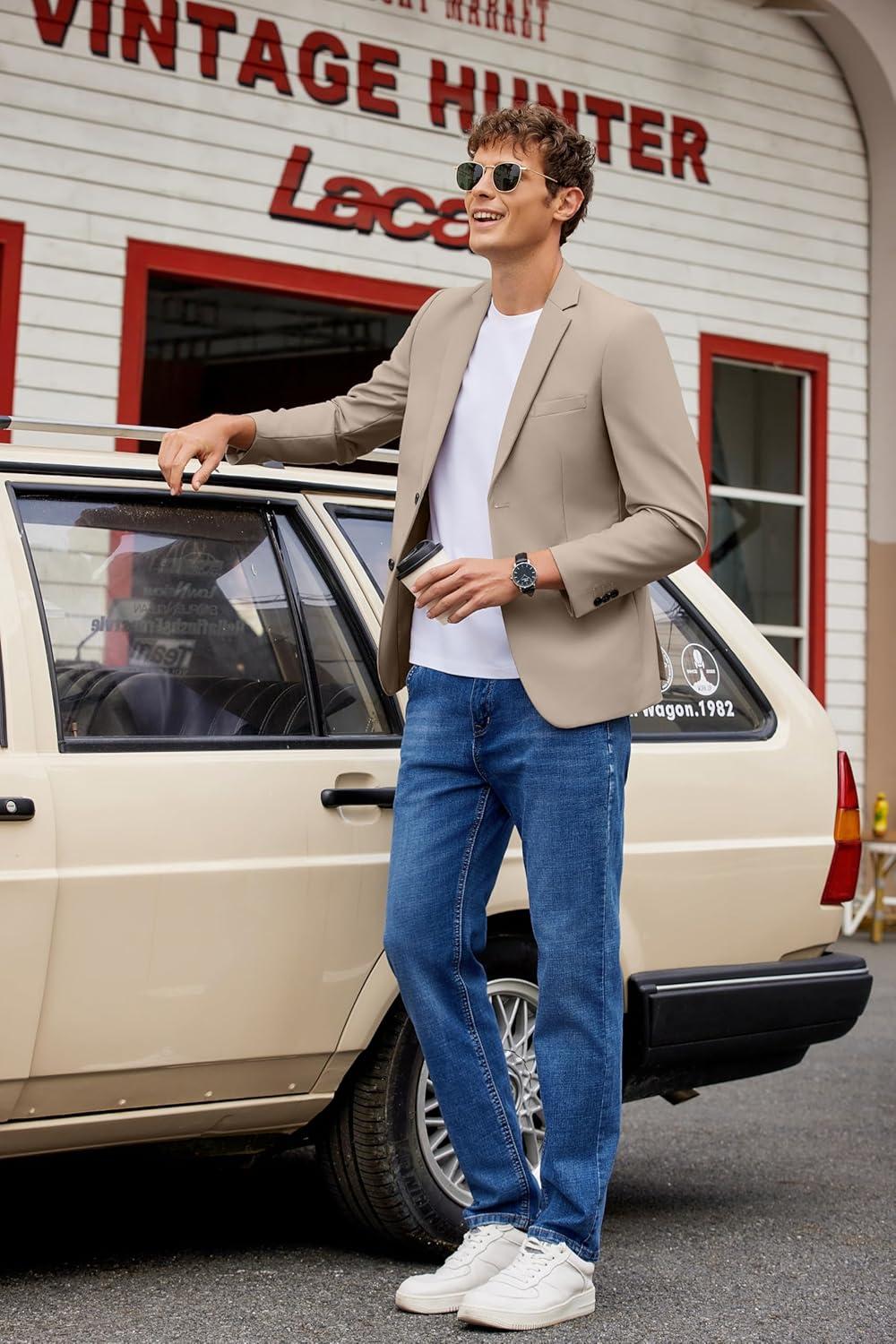 imageCOOFANDY Mens Casual Blazer Lightweight Suit Jacket Slim Fit Sport Coats for MenKhaki