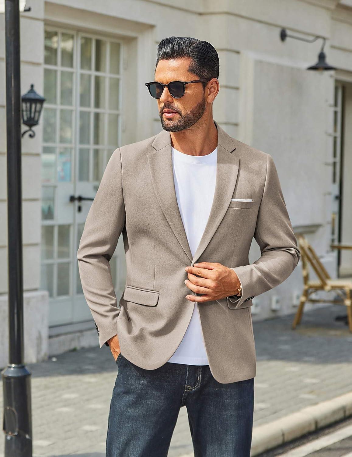 imageCOOFANDY Mens Casual Blazer One Button Sport Coats Lightweight Suit JacketKhaki