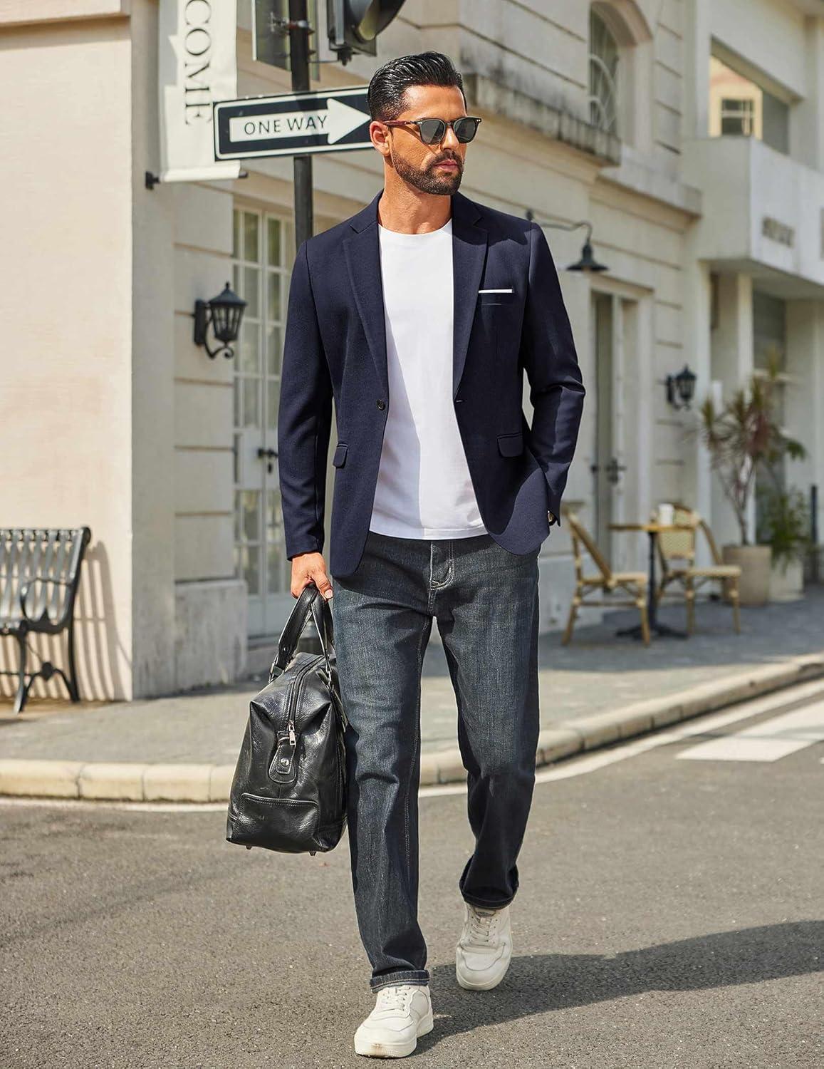 imageCOOFANDY Mens Casual Blazer One Button Sport Coats Lightweight Suit JacketNavy Blue