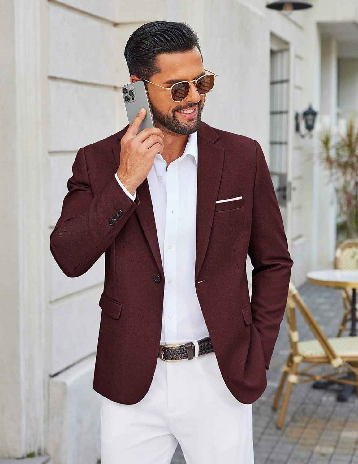 imageCOOFANDY Mens Casual Blazer One Button Sport Coats Lightweight Suit JacketWine Red