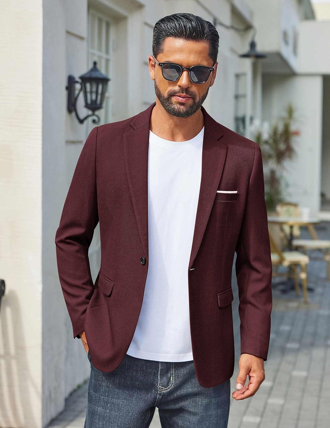 imageCOOFANDY Mens Casual Blazer One Button Sport Coats Lightweight Suit JacketWine Red