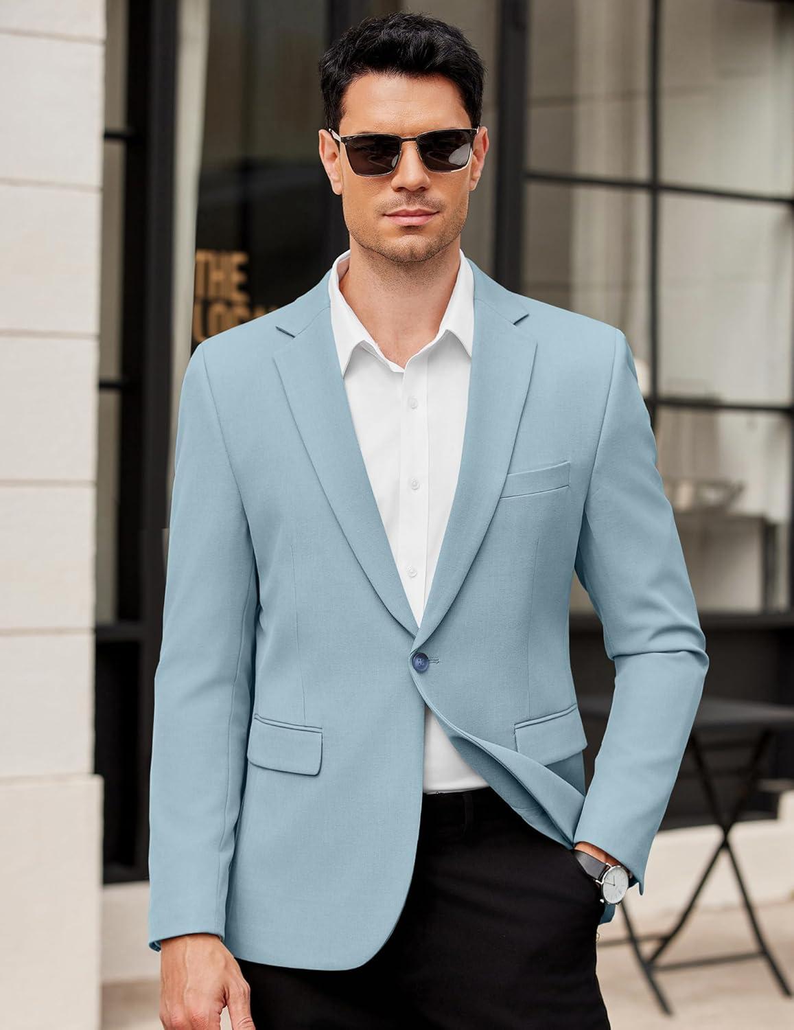 imageCOOFANDY Mens Casual Blazer Regular Fit Lightweight Sport Coats One Button Suit Jacket Dress Blazer JacketsLight Blue