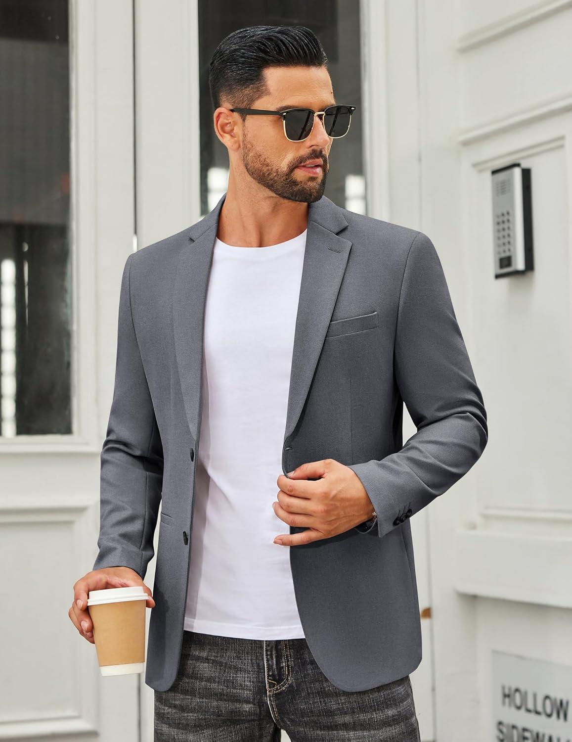 imageCOOFANDY Mens Casual Blazer Regular Fit Sport Coat Lightweight Two Buttons Suit JacketGrey
