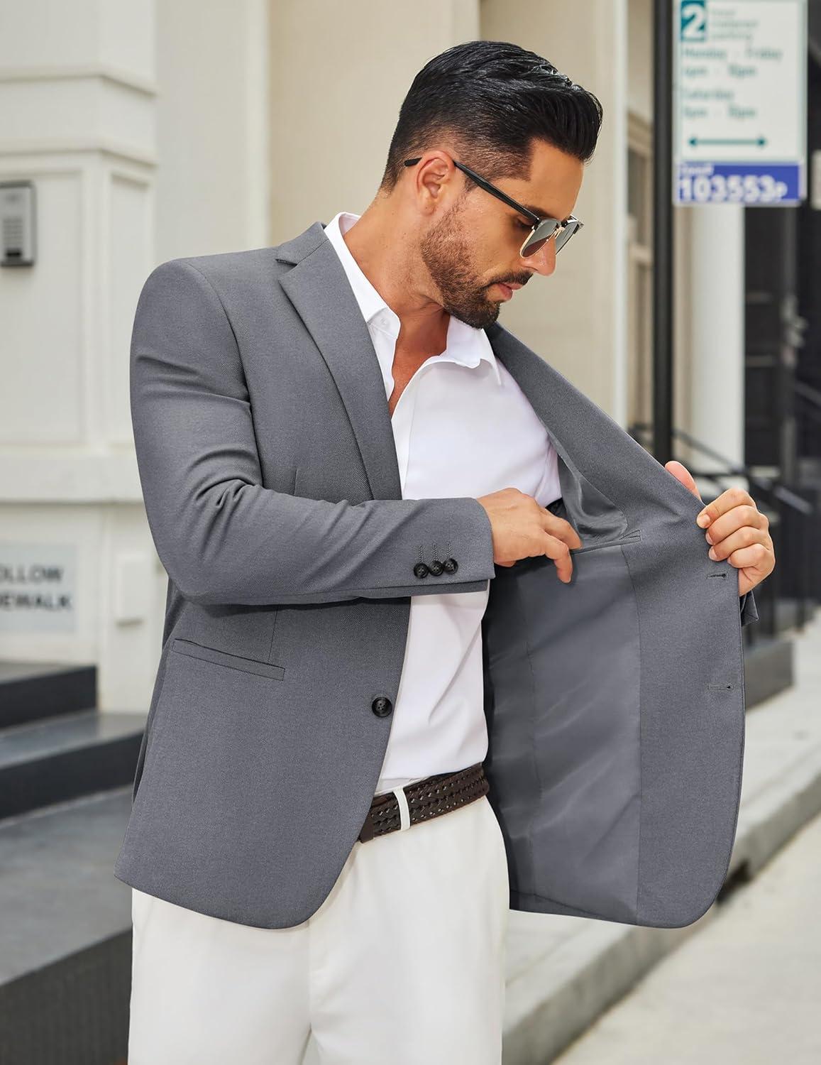 imageCOOFANDY Mens Casual Blazer Regular Fit Sport Coat Lightweight Two Buttons Suit JacketGrey