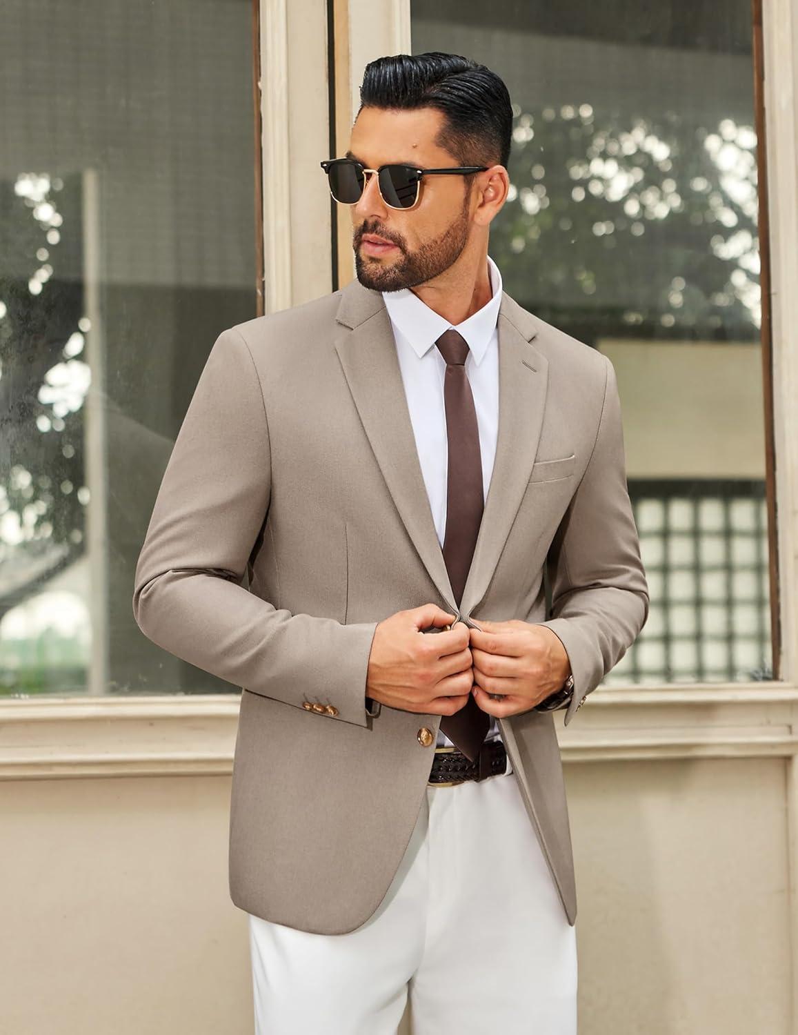 imageCOOFANDY Mens Casual Blazer Regular Fit Sport Coat Lightweight Two Buttons Suit JacketKhaki