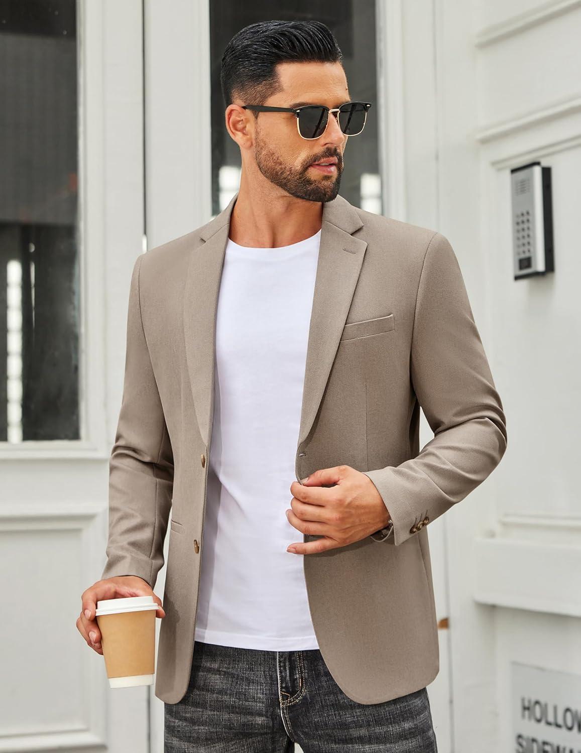 imageCOOFANDY Mens Casual Blazer Regular Fit Sport Coat Lightweight Two Buttons Suit JacketKhaki