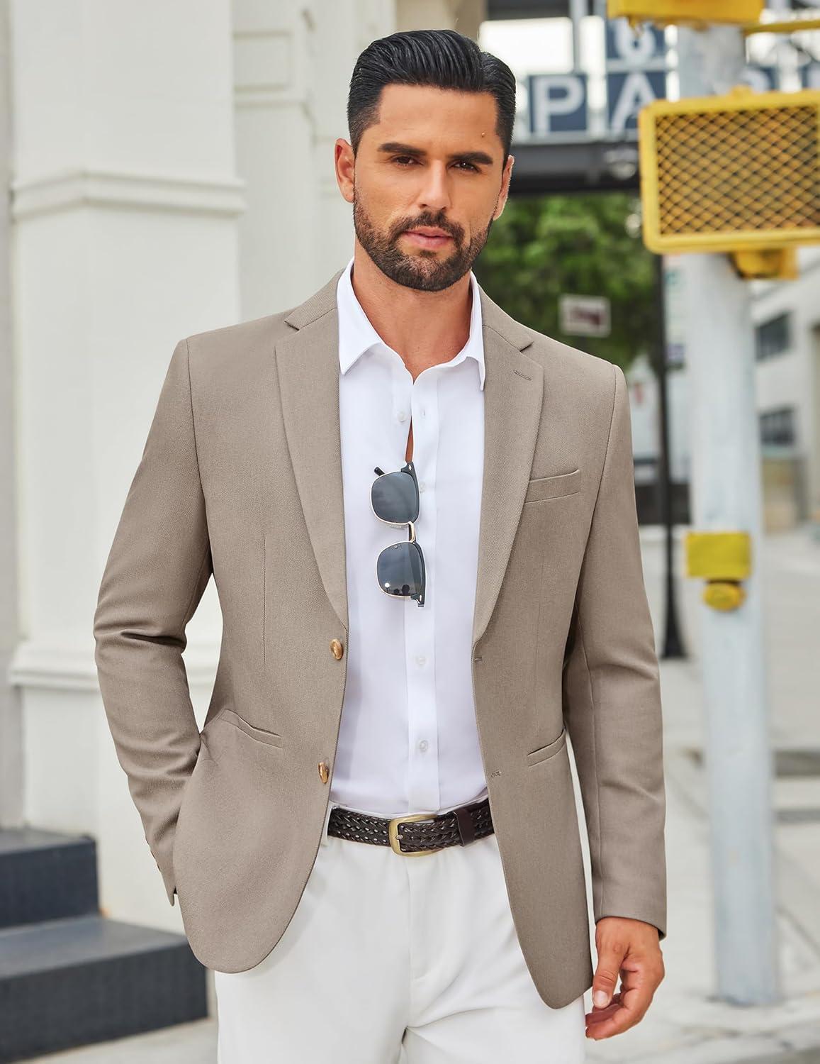 imageCOOFANDY Mens Casual Blazer Regular Fit Sport Coat Lightweight Two Buttons Suit JacketKhaki