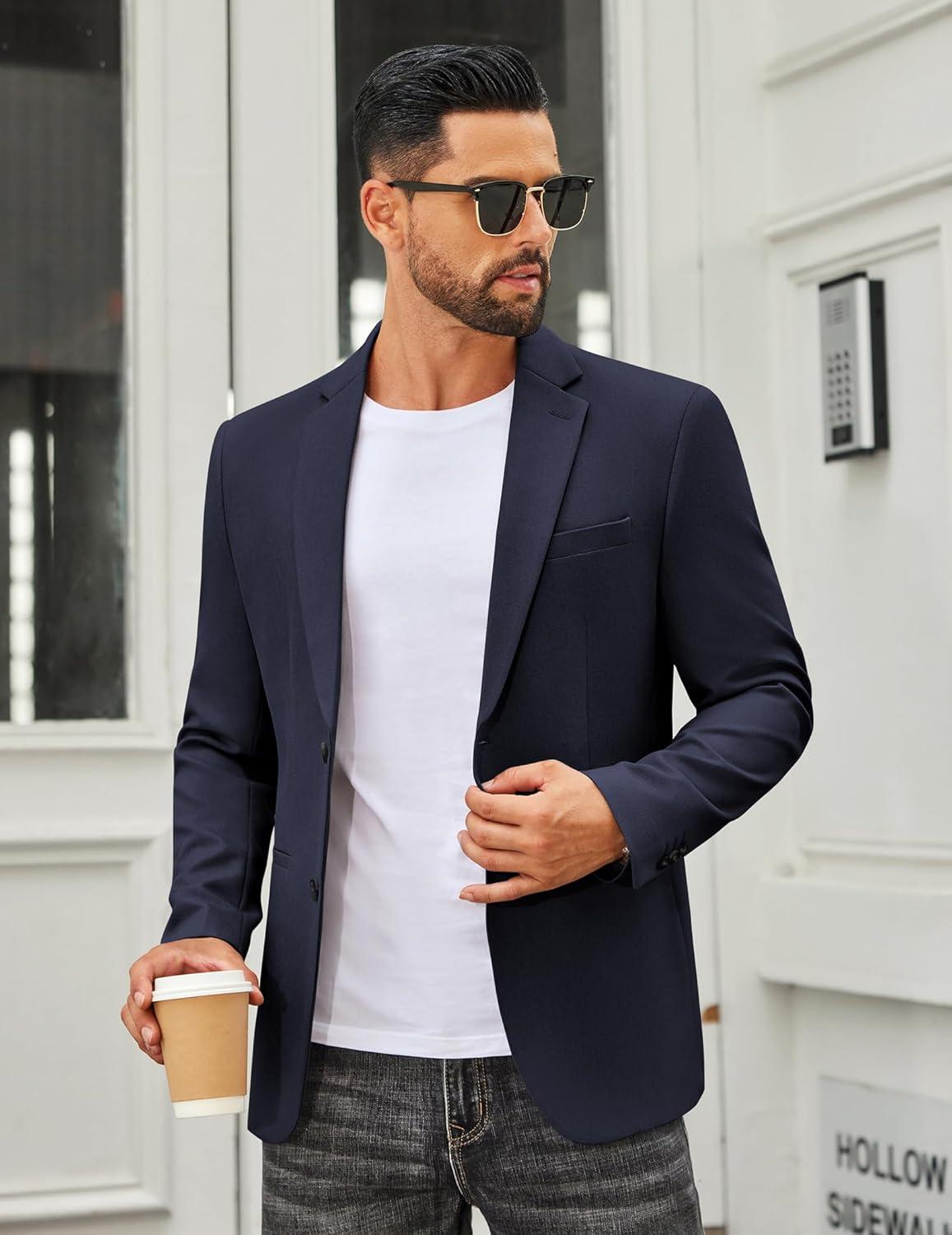 imageCOOFANDY Mens Casual Blazer Regular Fit Sport Coat Lightweight Two Buttons Suit JacketNavy Blue