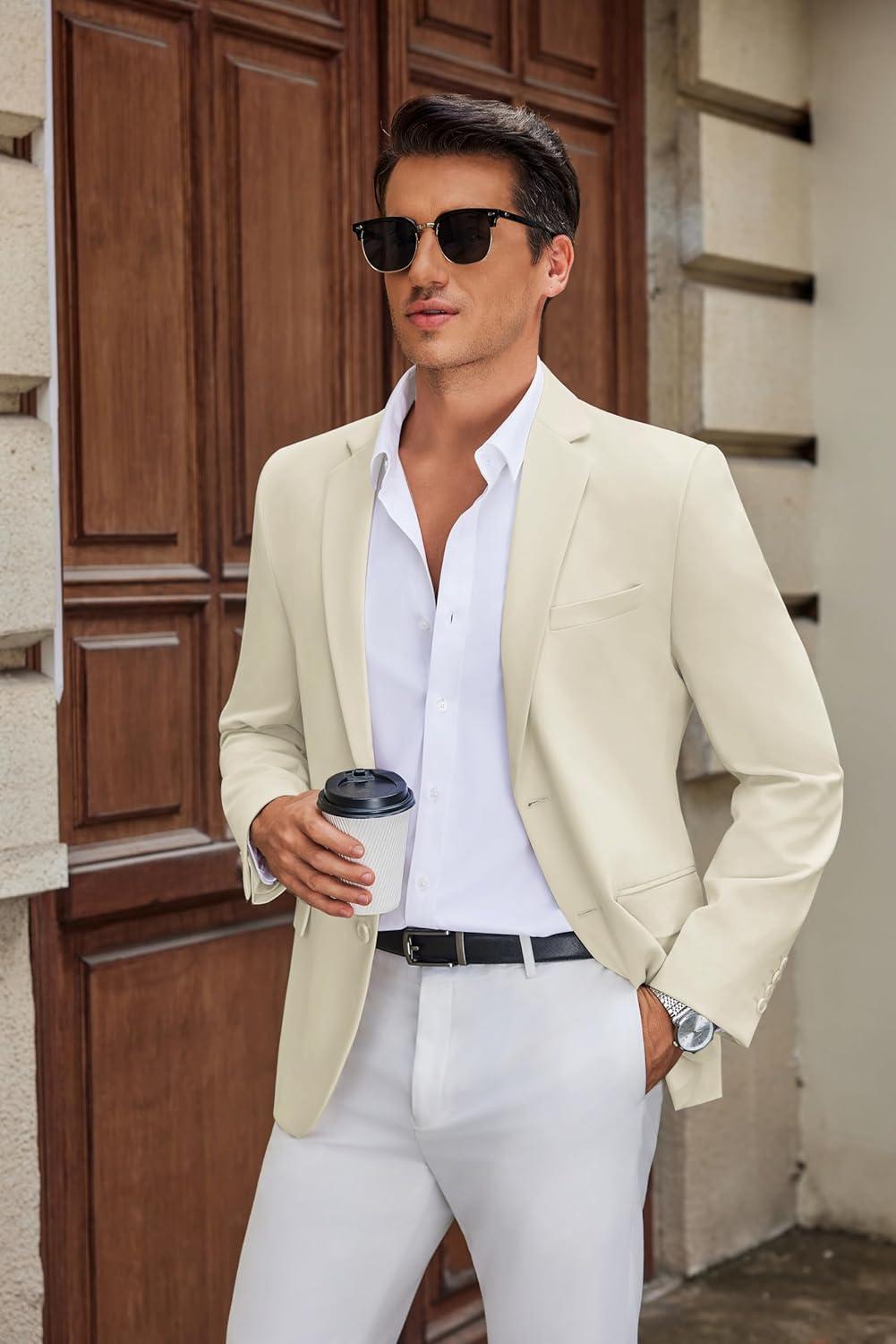 imageCOOFANDY Mens Casual Blazer Slim Fit Suit Jacket Two Button Lightweight Sport CoatBeige