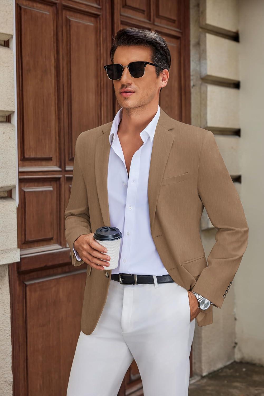 imageCOOFANDY Mens Casual Blazer Slim Fit Suit Jacket Two Button Lightweight Sport CoatBrown