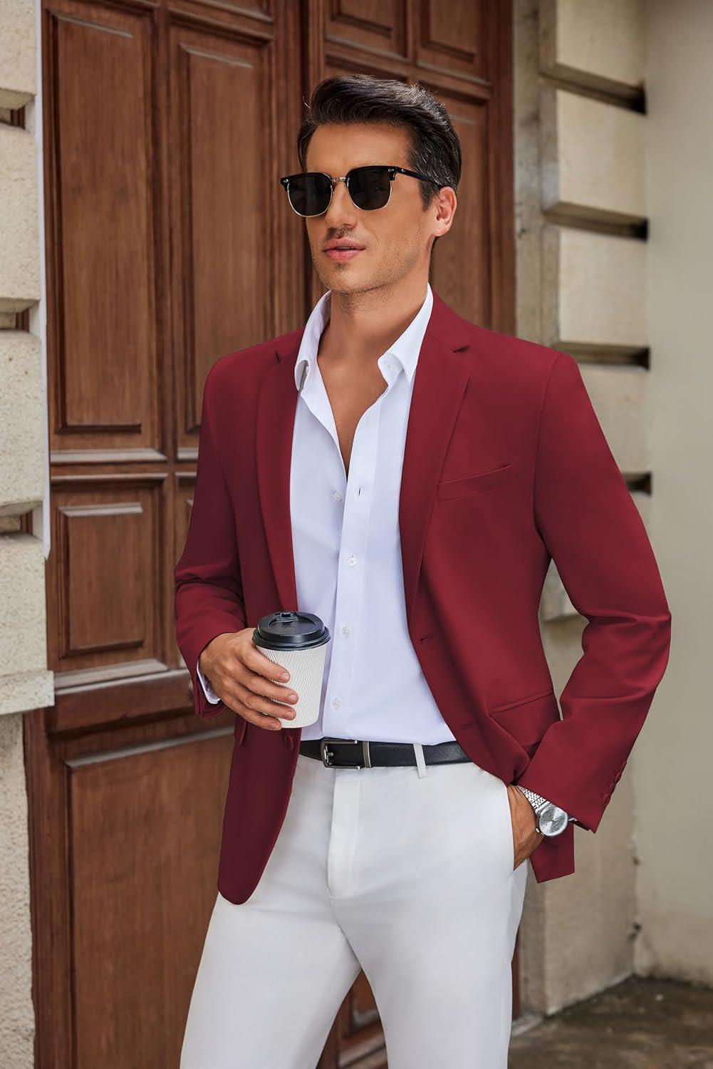 imageCOOFANDY Mens Casual Blazer Slim Fit Suit Jacket Two Button Lightweight Sport CoatWine Red