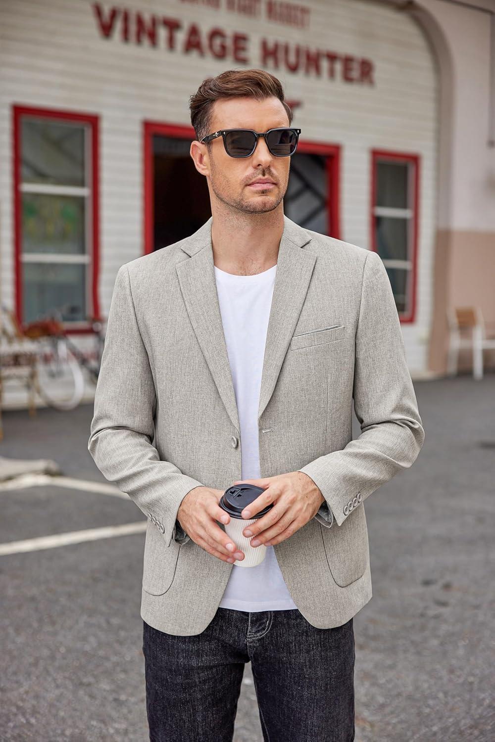 imageCOOFANDY Mens Casual Blazer Two Button Sport Coats Lightweight Printed Lining Suit JacketLight Grey