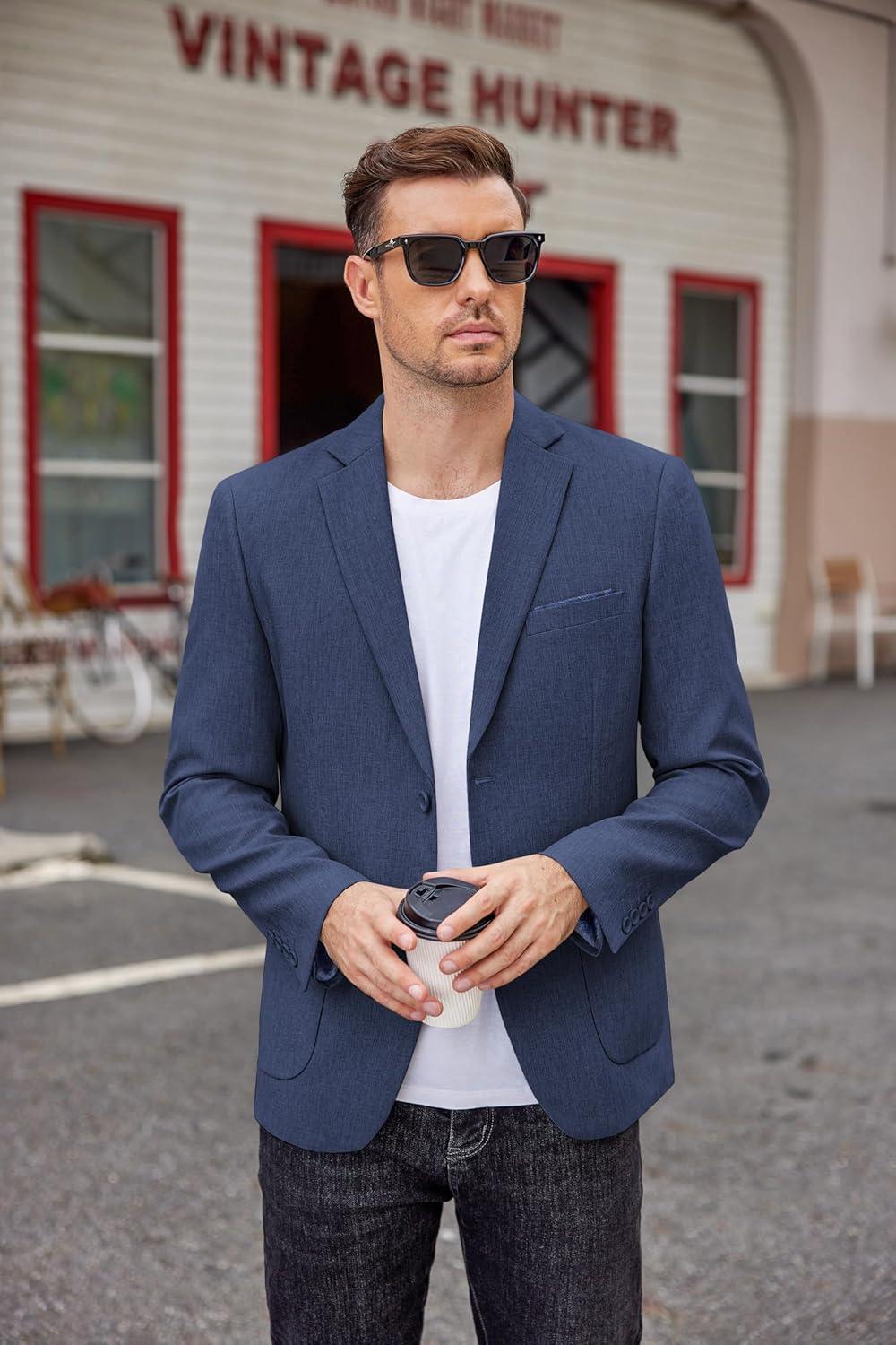imageCOOFANDY Mens Casual Blazer Two Button Sport Coats Lightweight Printed Lining Suit JacketNavy Blue