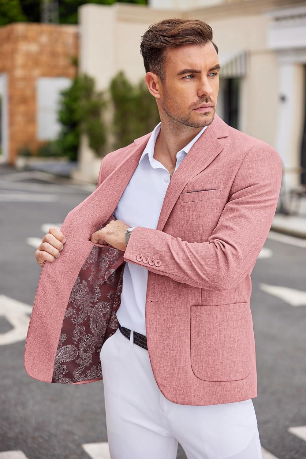 imageCOOFANDY Mens Casual Blazer Two Button Sport Coats Lightweight Printed Lining Suit JacketPink