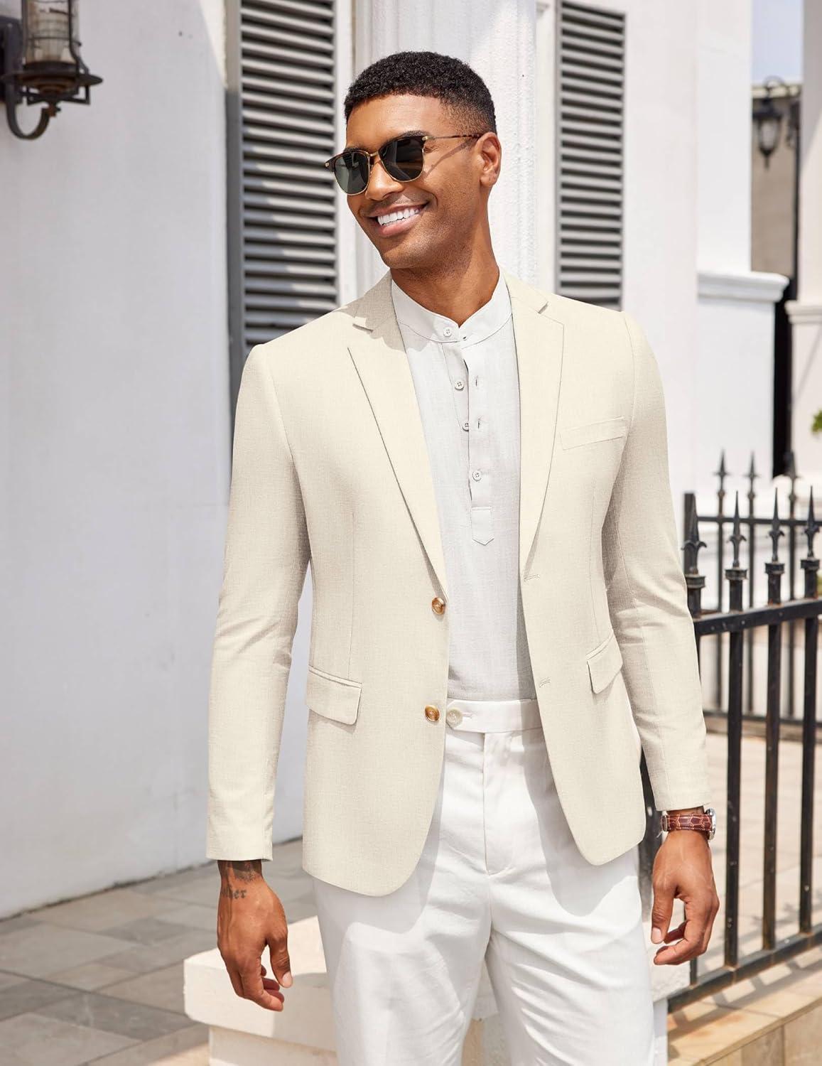 imageCOOFANDY Mens Casual Cotton Linen Blazer Lightweight Linen Sport Coat Two Button Suit JacketBeige