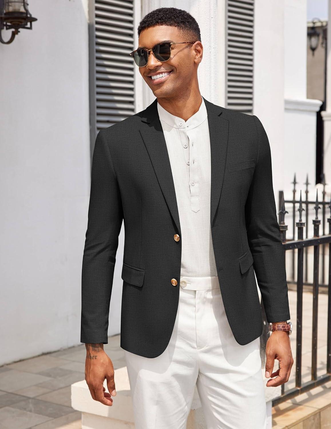 imageCOOFANDY Mens Casual Cotton Linen Blazer Lightweight Linen Sport Coat Two Button Suit JacketBlack