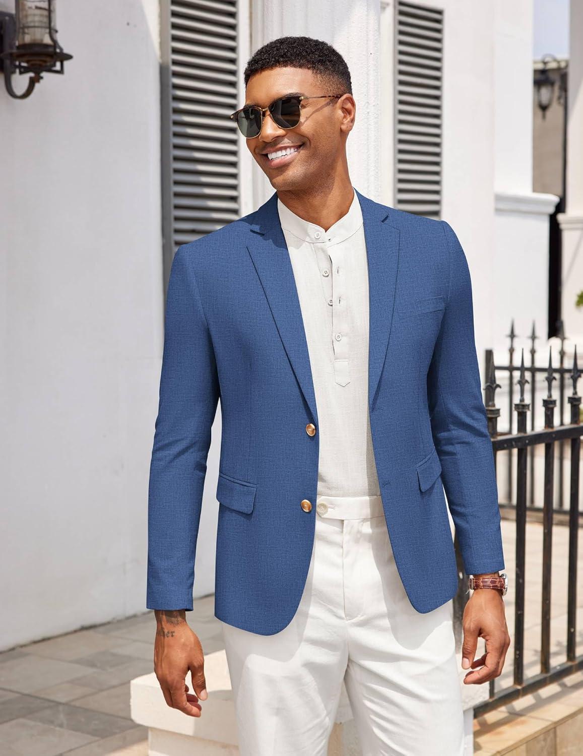 imageCOOFANDY Mens Casual Cotton Linen Blazer Lightweight Linen Sport Coat Two Button Suit JacketBlue