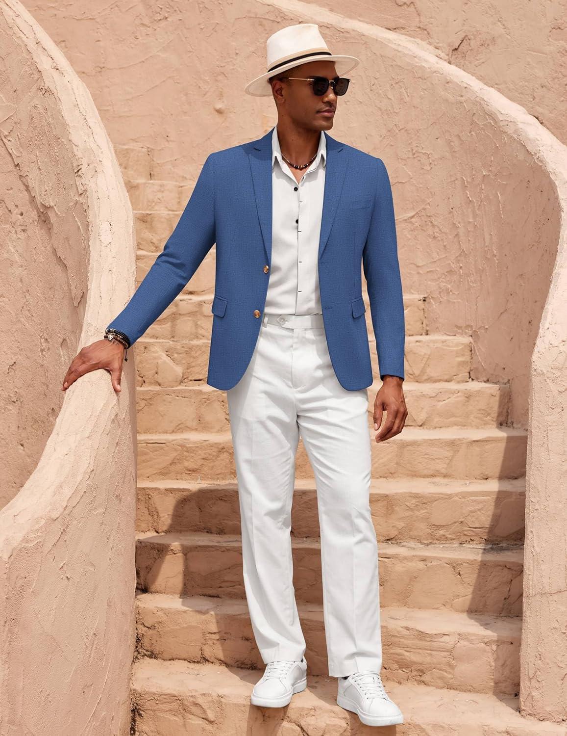 imageCOOFANDY Mens Casual Cotton Linen Blazer Lightweight Linen Sport Coat Two Button Suit JacketBlue
