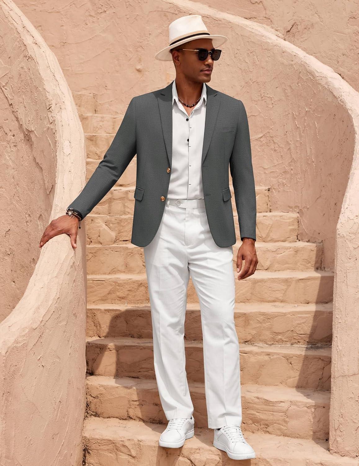 imageCOOFANDY Mens Casual Cotton Linen Blazer Lightweight Linen Sport Coat Two Button Suit JacketDark Grey