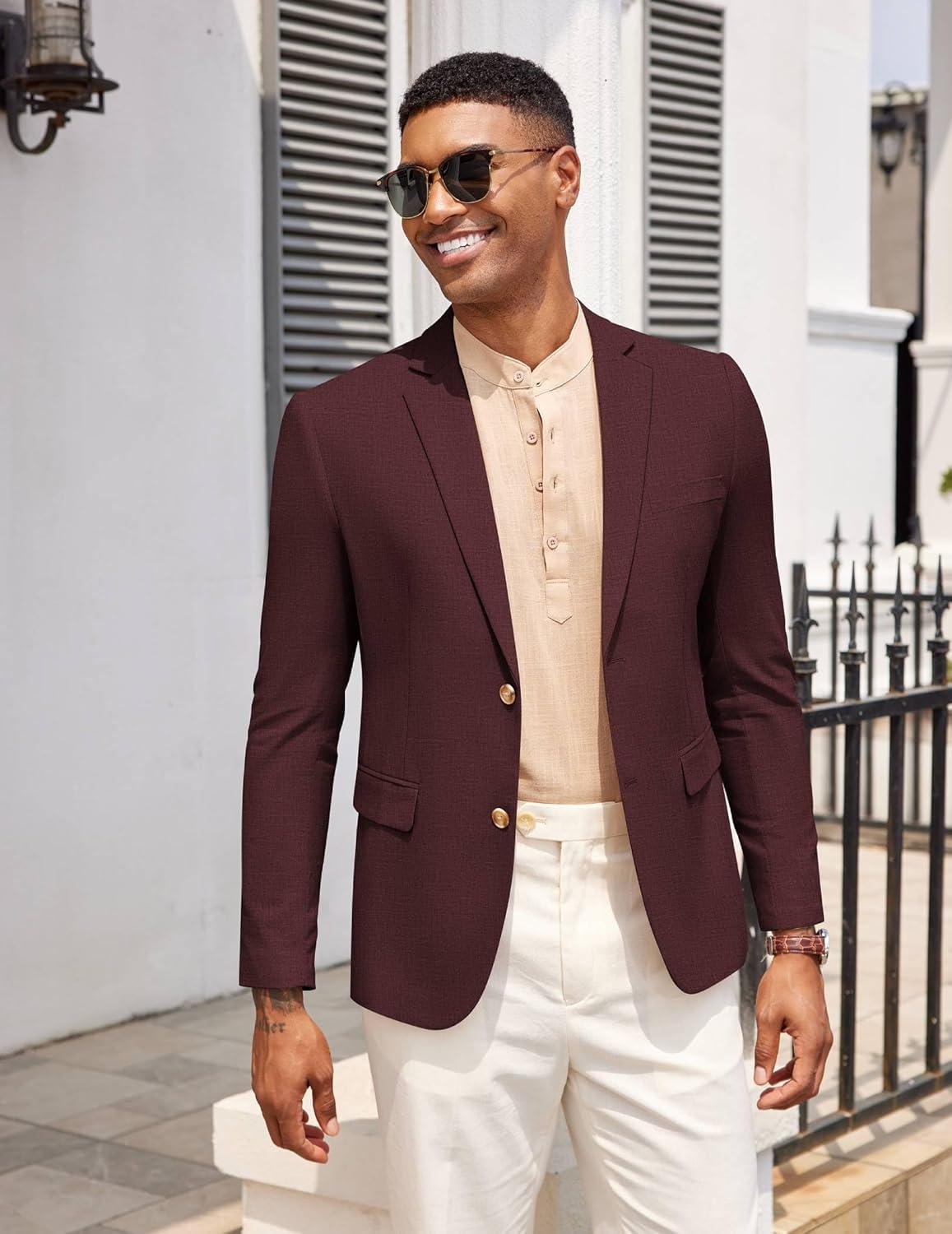 imageCOOFANDY Mens Casual Cotton Linen Blazer Lightweight Linen Sport Coat Two Button Suit JacketDark Red