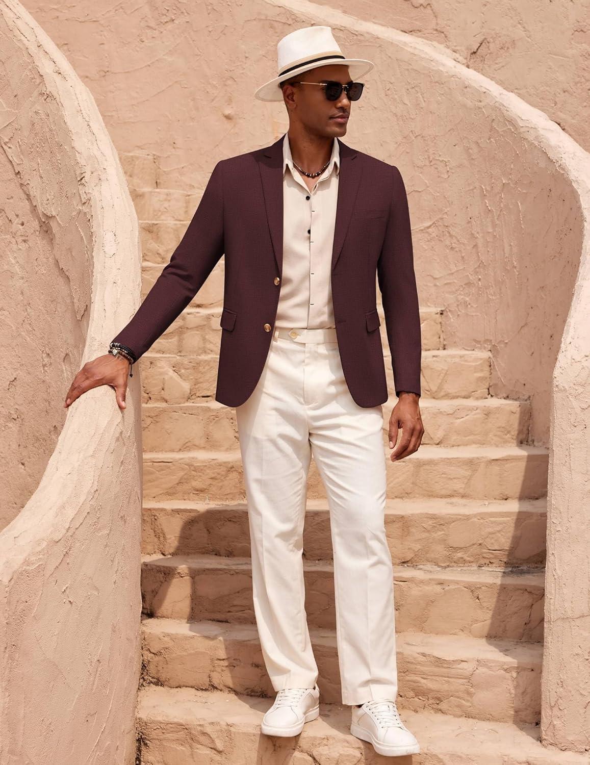 imageCOOFANDY Mens Casual Cotton Linen Blazer Lightweight Linen Sport Coat Two Button Suit JacketDark Red