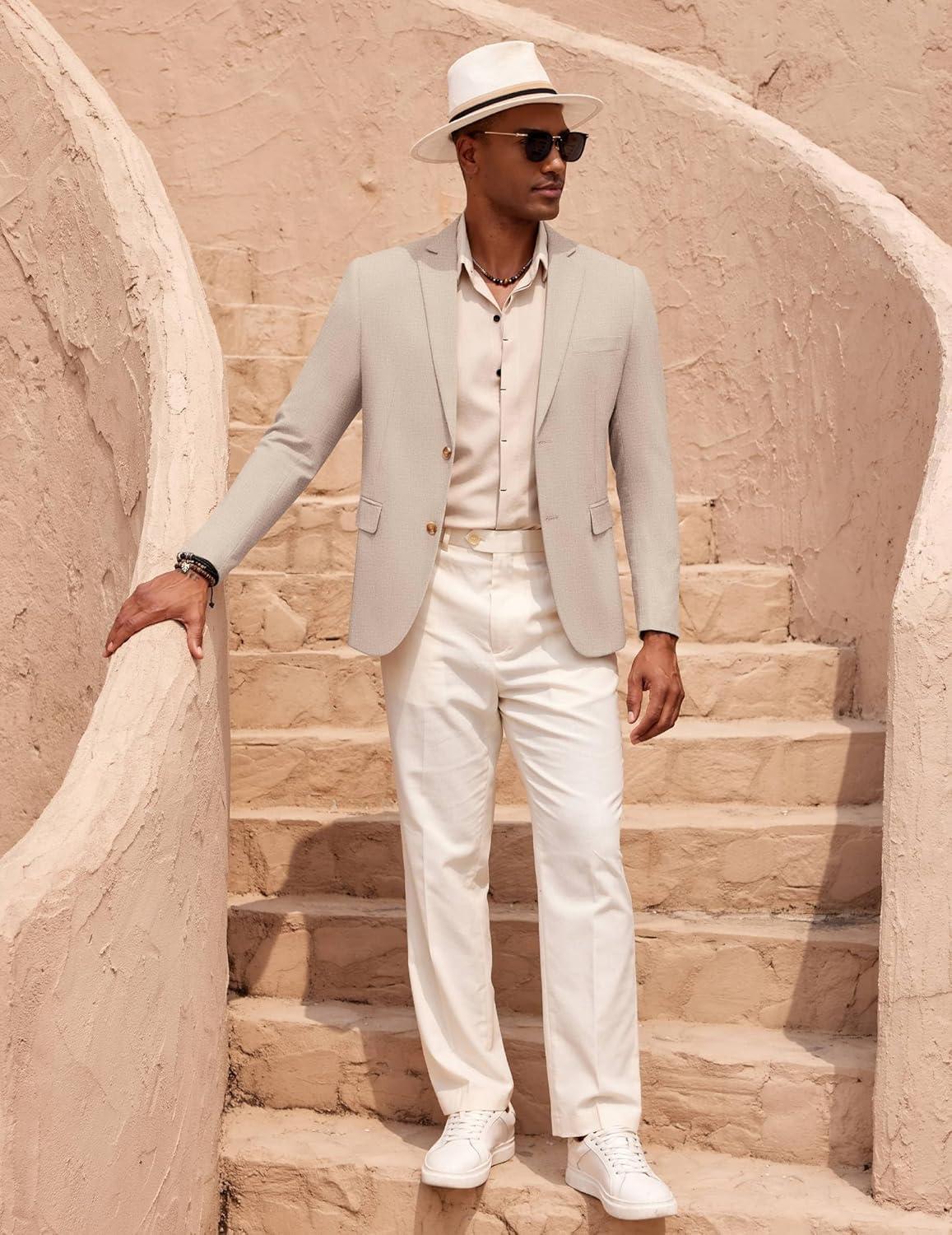 imageCOOFANDY Mens Casual Cotton Linen Blazer Lightweight Linen Sport Coat Two Button Suit JacketKhaki