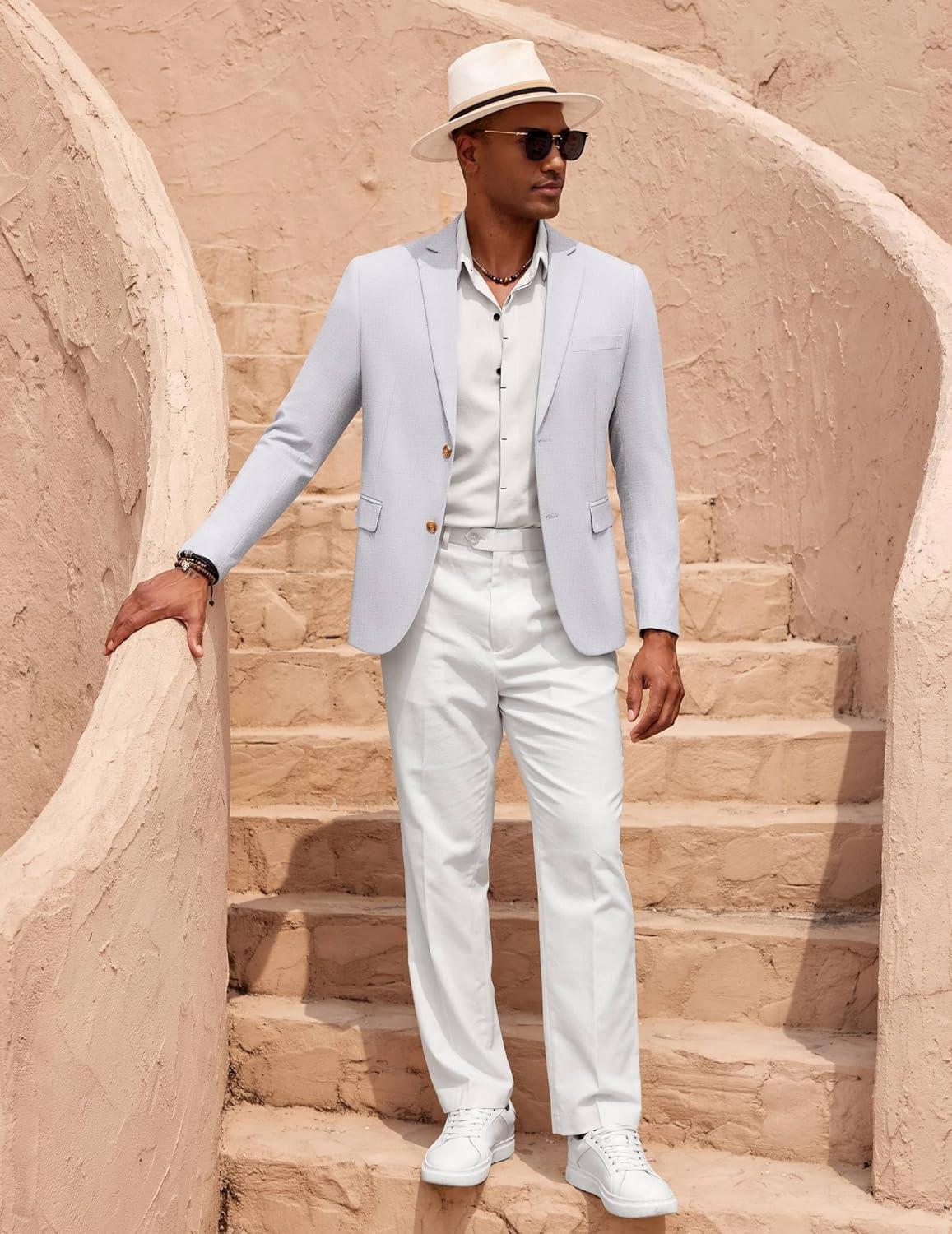 imageCOOFANDY Mens Casual Cotton Linen Blazer Lightweight Linen Sport Coat Two Button Suit JacketLight Grey