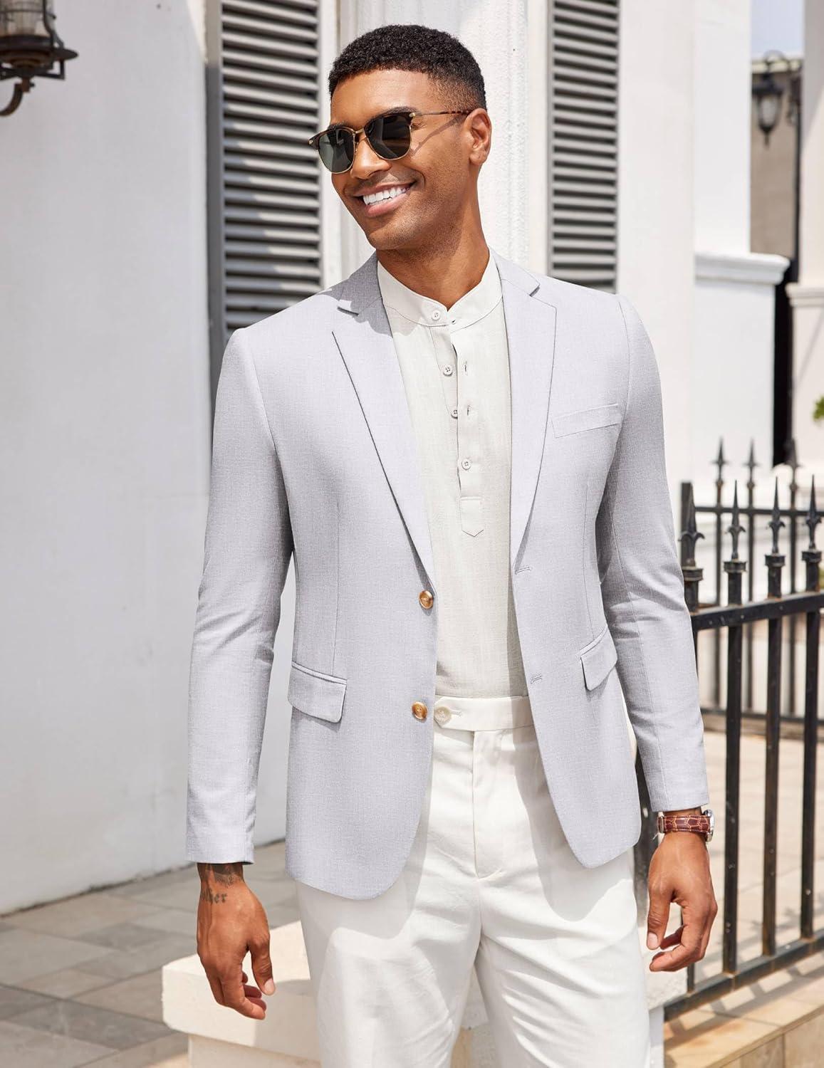 imageCOOFANDY Mens Casual Cotton Linen Blazer Lightweight Linen Sport Coat Two Button Suit JacketLight Grey