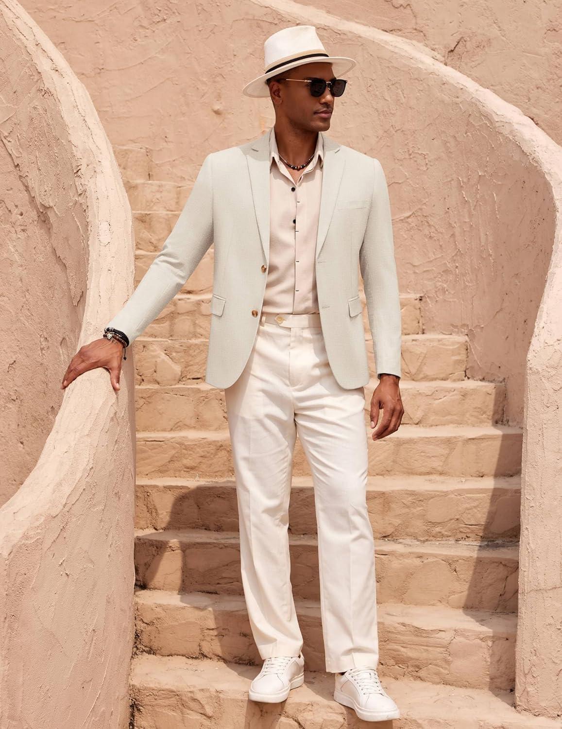 imageCOOFANDY Mens Casual Cotton Linen Blazer Lightweight Linen Sport Coat Two Button Suit JacketLight Khaki